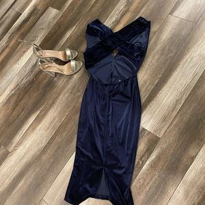 Navy blue velour V neck low back midi